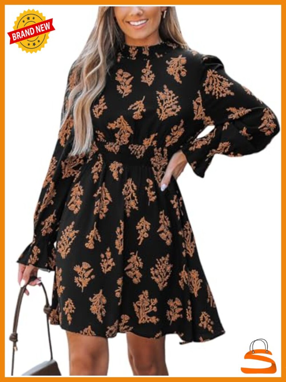 Women Floral Mock Neck Long Ruffle Sleeve Smocked Mini Dress